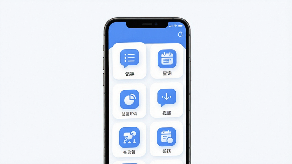 遇春软件功能聚合界面展示,画面中央为手机屏幕,屏幕内排列多个功能图标卡片,包含记事、查询、提醒等模块,图标风格统一为圆角扁平化,配色以蓝白为主,背景干净简洁,画质清晰,无多余元素