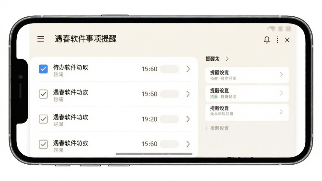 遇春软件事项提醒功能界面,手机屏幕内显示待办列表和提醒设置面板,列表项有勾选框和时间标签,界面风格简洁素雅,背景为浅色,画质干净,无多余元素