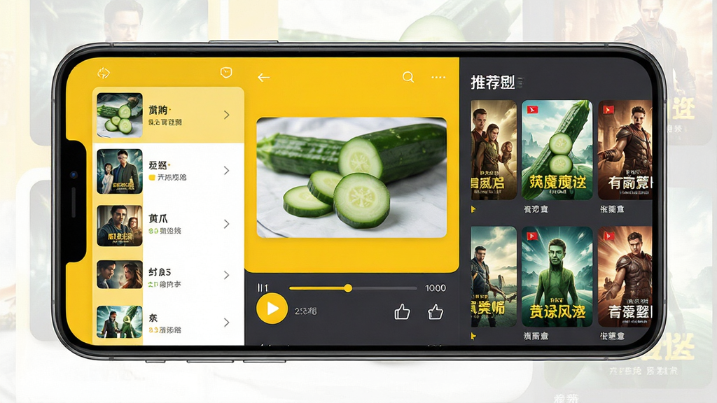 黄瓜魔改短剧APP主界面展示,画面中央放置一部智能手机,屏幕内呈现短剧视频播放界面,左侧为竖排剧集列表,右侧为推荐封面墙,整体布局清晰,采用扁平化UI风格,配色以明黄与深灰为主,细节包含播放按钮、进度条、点赞图标,画质高清,干净整洁,无多余元素