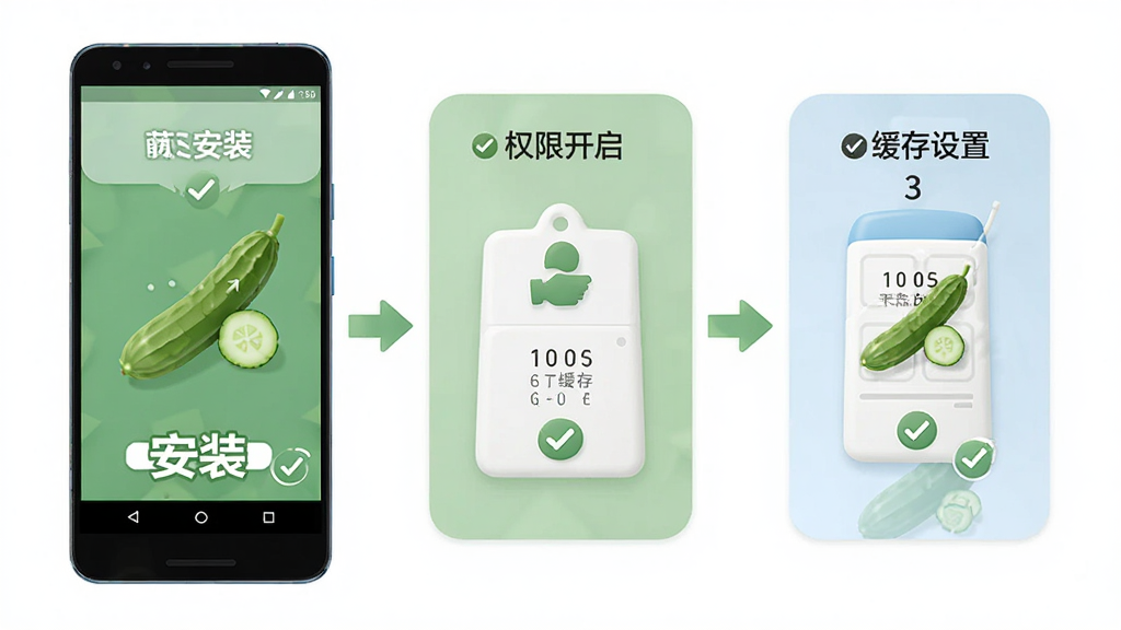 黄瓜魔改短剧APP移动端操作示意图,画面展示一部安卓手机,屏幕中分步骤标注安装、权限开启、缓存设置三个环节,采用简洁的信息图风格,配色柔和,细节包含箭头指引与勾选图标,画质清晰,干净无多余装饰