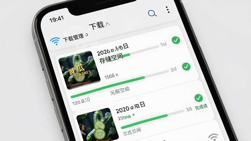 黄瓜魔改短剧APP离线缓存功能展示,画面中手机屏幕显示下载管理列表,多个剧集带有进度条与已完成勾选标记,背景为浅灰色,风格清爽,细节包含WiFi图标与存储空间提示,画质高清,干净整洁