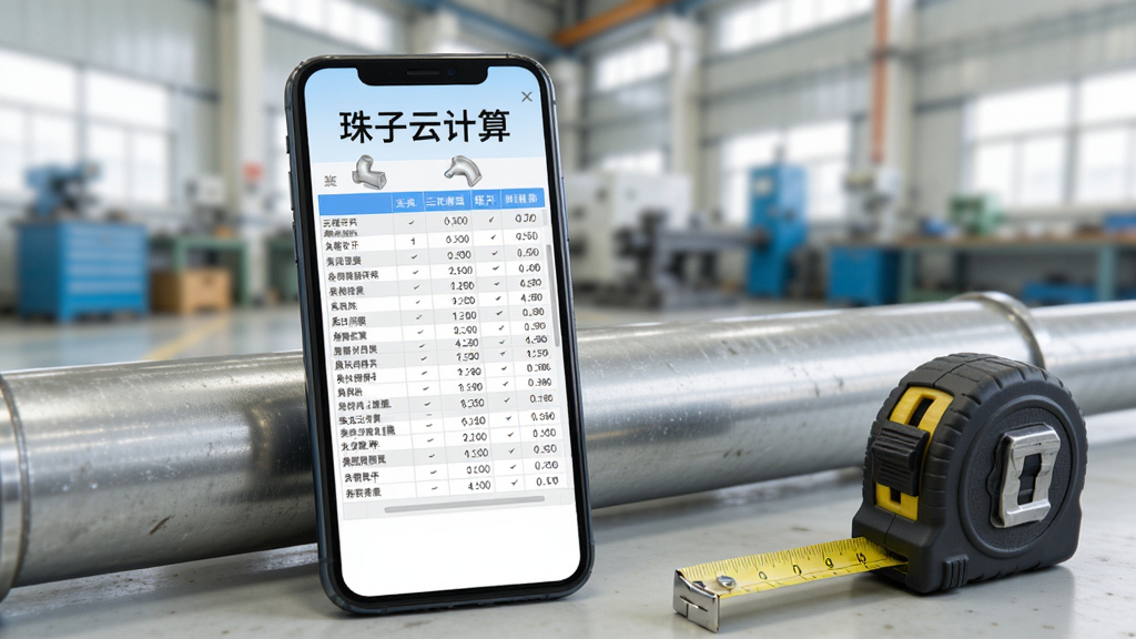 珠子云计算钣金展开计算功能界面,画面中手机屏幕显示弯头展开数据表格,屏幕上标注