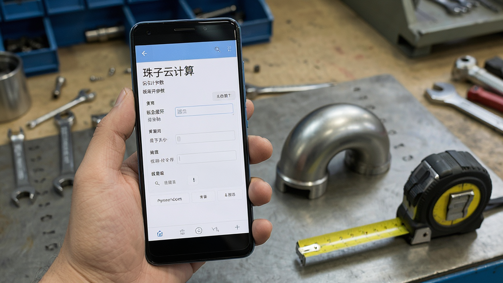 珠子云计算在安卓手机上的操作演示,画面中一只手拿着手机,屏幕显示钣金展开参数输入界面,手机旁有金属弯头和卷尺,背景为车间工作台,风格写实,画质清晰干净,无多余元素