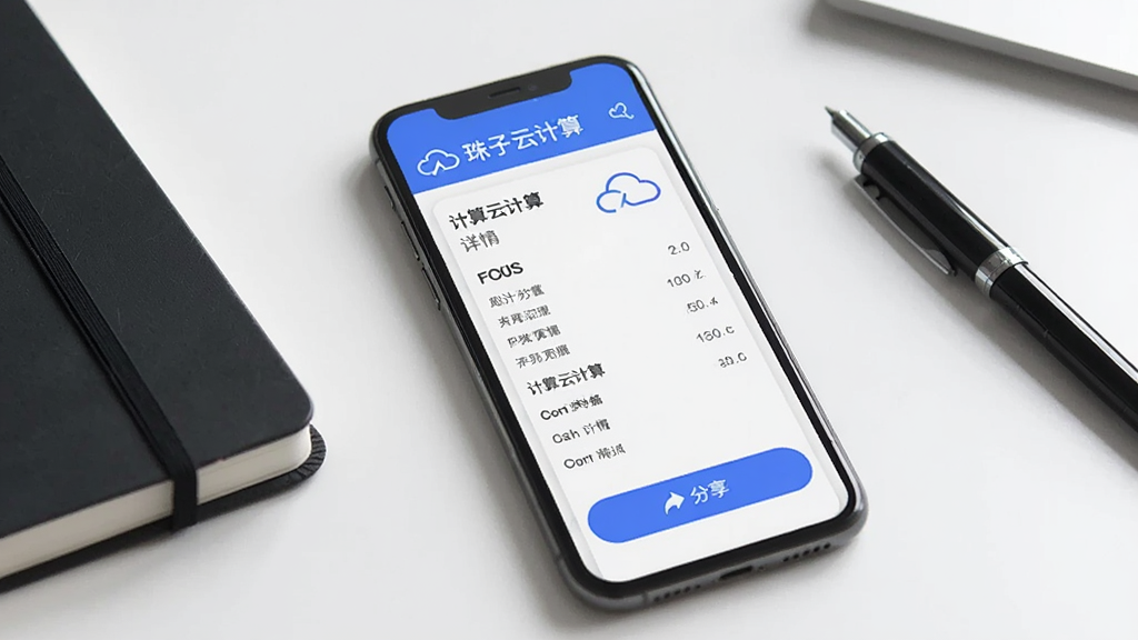 珠子云计算计算结果分享界面,手机屏幕显示计算数据详情和分享按钮,屏幕上有