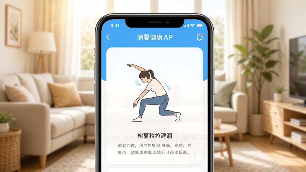 手机显示清夏健康APP的运动建议页面,页面上有简单的拉伸动作示意图和文字说明,背景是明亮的客厅环境,布局为手机居中展示,风格生活化,细节上画面色调温暖,画质高清,干净,无多余元素