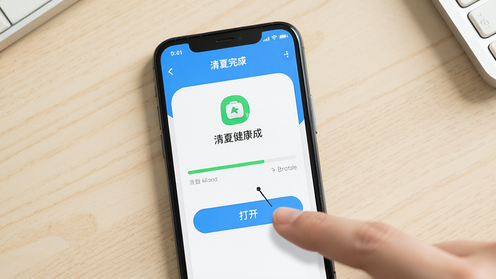 一部手机屏幕显示清夏健康APP的安装完成界面,旁边有手指点击“打开”按钮的动作示意,背景为浅色桌面,布局为手机居中、手指在右侧,风格教程类,细节上界面有安装进度条,画质高清,干净,无多余元素