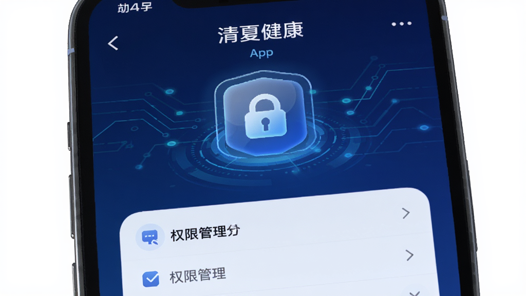 手机屏幕显示清夏健康APP的隐私设置页面,页面上有数据加密图标和权限管理选项,背景为深蓝色科技感渐变,布局居中,风格安全可靠,细节上图标有发光效果,画质高清,干净,无多余元素