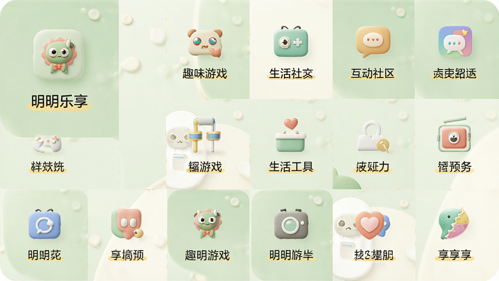 明明乐享内容板块展示图,画面采用网格布局,每个格子内展示不同功能模块的缩略图标与名称,包括趣味游戏、生活工具、互动社区等,背景为柔和的浅绿色与米白色,风格简洁现代,细节精致,画质高清干净,无多余装饰元素,体现明明乐享内容丰富的特点
