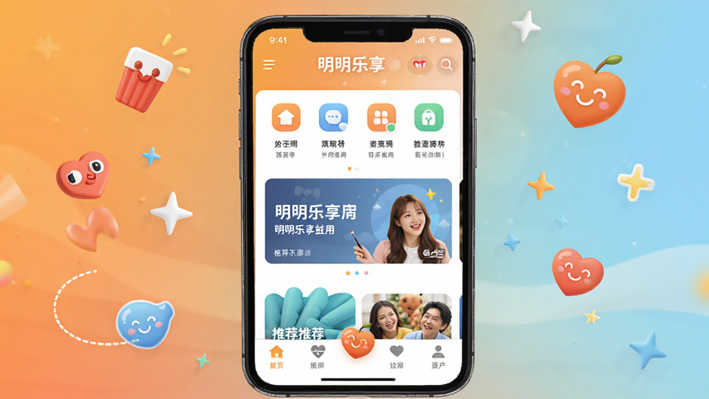 明明乐享应用主界面展示,画面中央放置一部智能手机,手机屏幕显示明明乐享的首页布局,包含功能图标、推荐横幅和底部导航栏,背景为渐变的暖橙色与浅蓝色交织,周围点缀抽象的欢乐符号与星光元素,风格清新明快,细节清晰,画质干净无多余元素,整体呈现温馨欢乐的数字生活氛围
