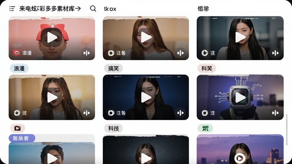 来电炫彩多多素材库界面,画面展示手机屏幕内排列整齐的多个动态视频缩略图,分为浪漫、搞笑、科技等分类标签,布局采用网格排版,风格清新明亮,细节包含播放按钮与分类图标,画质高清干净,无多余元素。
