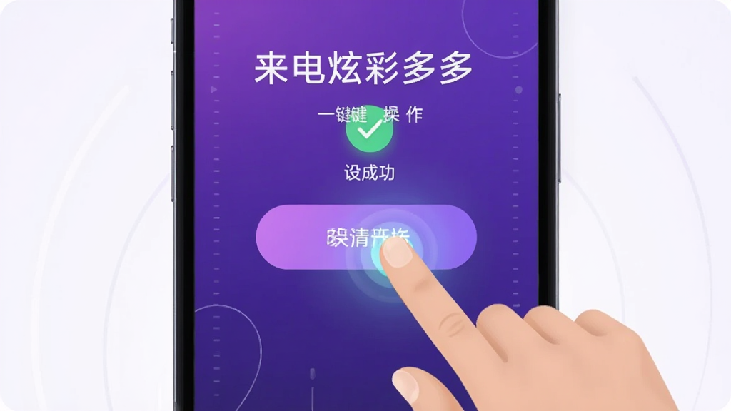 来电炫彩多多一键设置操作界面,画面中央展示手指点击设置按钮的瞬间,按钮发出光效反馈,背景为渐变紫色科技风格,布局简洁突出操作区域,风格现代扁平化,细节包含设置成功提示图标,画质高清干净,无多余元素。