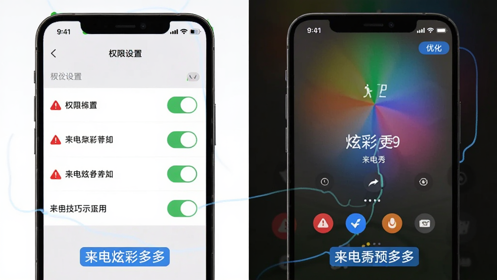 来电炫彩多多使用技巧示意图,画面展示手机屏幕中权限设置界面与来电秀预览效果对比,布局左右分栏,左侧为权限开关列表,右侧为炫彩来电画面,风格简洁教程风,细节包含红色警示图标与蓝色优化标签,画质高清干净,无多余元素。