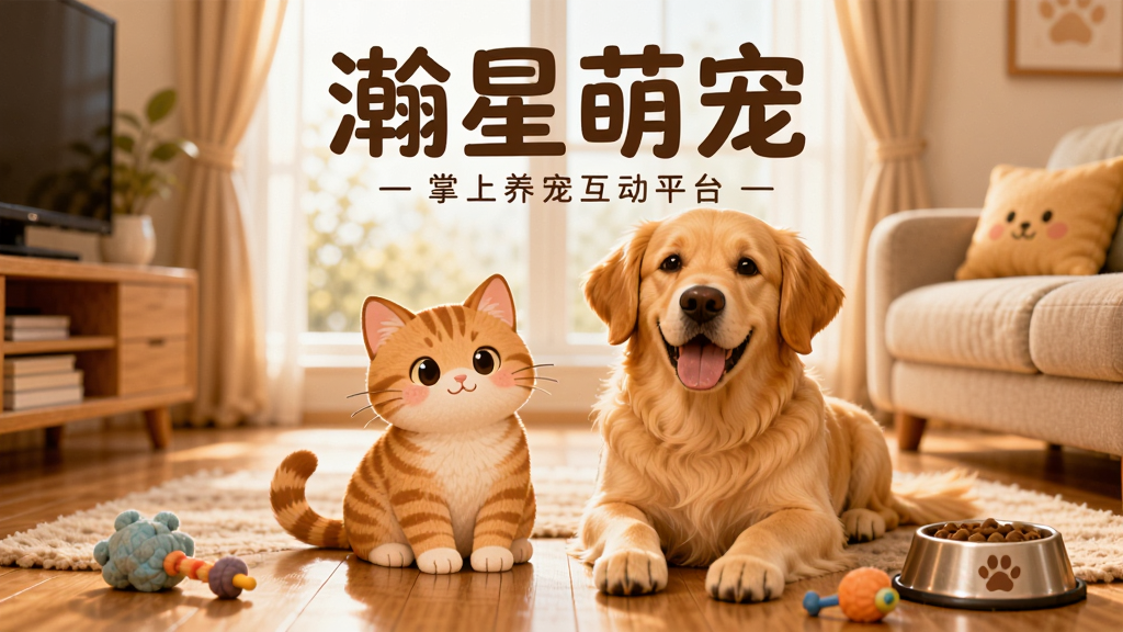 一只可爱的橘猫和一只金毛犬并排坐在明亮的客厅地板上,周围散落着宠物玩具和食盆,背景是温馨的家居环境。画面中央上方有醒目的文字
