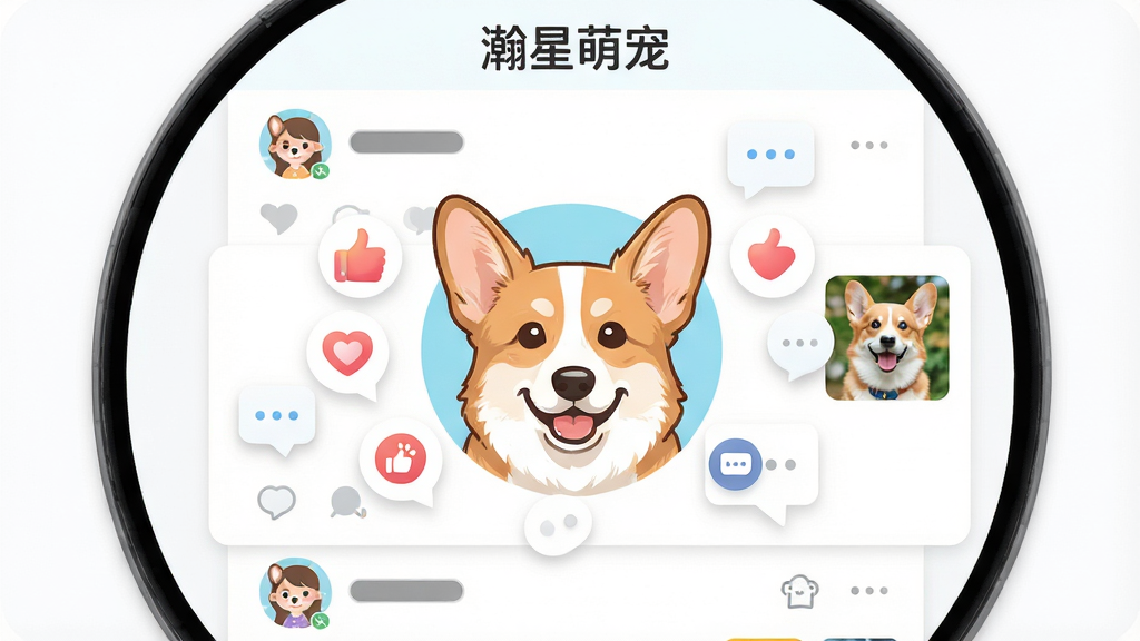 一个圆形社交社区界面截图,中心是一只柯基犬的头像,周围环绕着点赞图标、评论气泡和宠物照片缩略图。界面顶部有