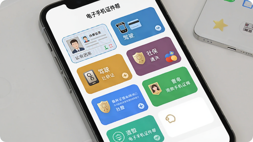 一部手机屏幕中展示电子手机证件帮的多证件管理界面,屏幕上排列着身份证、驾驶证、社保卡等不同颜色的证件卡片,卡片上有对应的图标和文字标注,背景为白色简洁风格,画面干净整洁,画质高清,图片中带有“电子手机证件帮”字样
