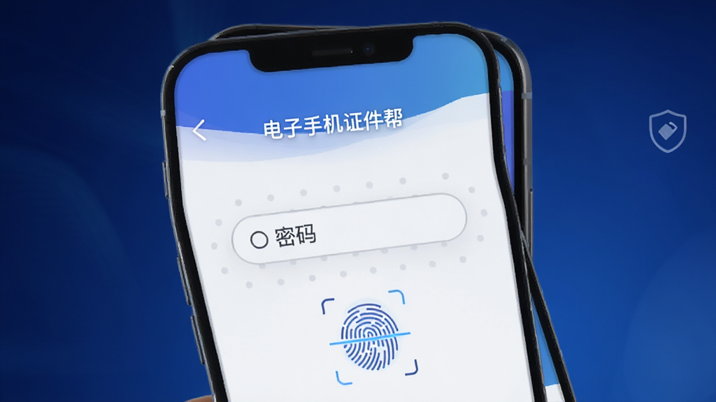 一部手机屏幕展示电子手机证件帮的安全设置页面,画面中有密码输入框和指纹识别图标,背景为深蓝色渐变,突出安全与隐私保护的氛围,界面干净无多余元素,画质高清,图片中带有“电子手机证件帮”字样