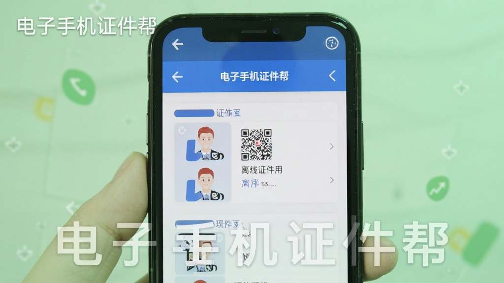 一部手机展示电子手机证件帮的离线使用场景,画面中手机处于飞行模式,但证件列表依然正常显示,背景为浅绿色,突出离线可用的特点,画质清晰,图片中带有“电子手机证件帮”字样