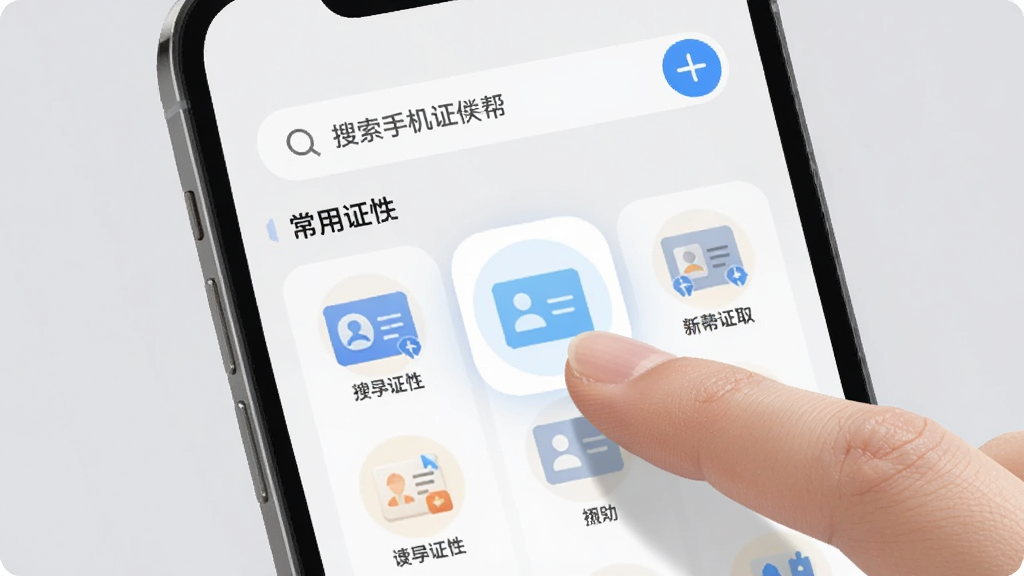 手机屏幕显示电子手机证件帮的搜索与快捷调取界面,顶部有搜索框,下方有常用证件快捷图标,手指正在点击其中一个证件图标,界面响应迅速,背景为浅灰色,风格简约现代,画质清晰,图片中文字为“电子手机证件帮”