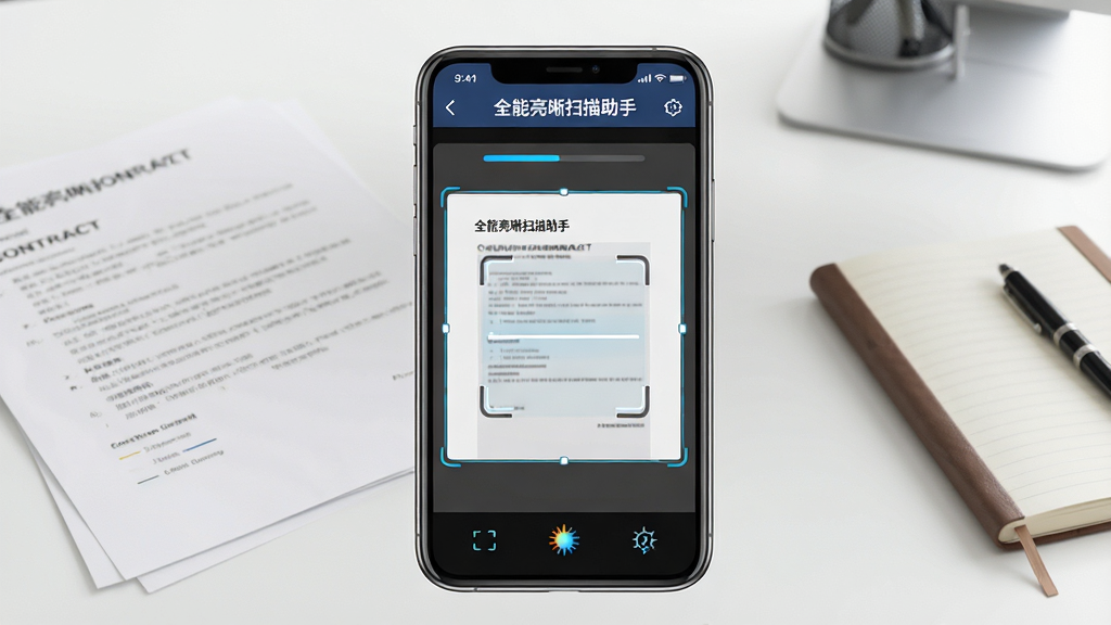 一张展示全能亮晰扫描助手核心功能的图片,画面中央是一部智能手机,手机屏幕上显示着扫描文档的界面,纸张边缘被自动识别并高亮标记,背景是整洁的办公桌面,桌面上散落着几份合同和笔记本,风格为写实科技风,细节包括手机屏幕上的“全能亮晰扫描助手”字样、扫描进度条和增强滤镜图标,画质清晰,干净,无多余元素