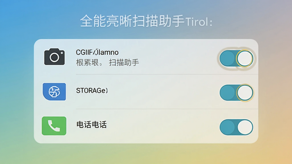 一部安卓手机显示全能亮晰扫描助手的权限管理界面,界面中相机、存储、电话权限的开关被清晰标注,背景为纯色渐变,风格为简洁的引导图示,细节包括权限图标和文字说明,画质清晰,干净,无多余元素