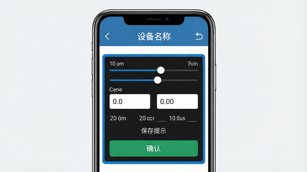 一张展示三友智能远程参数调节功能的图片,主体为手机屏幕显示参数设置面板,包含滑动条、数值输入框与确认按钮;布局为上下结构,上方显示设备名称,下方为参数调节区域;排版简洁,操作区域用蓝色描边突出;风格为现代扁平化设计;细节包括参数单位、保存提示与返回箭头;画质高清,干净,无多余元素。