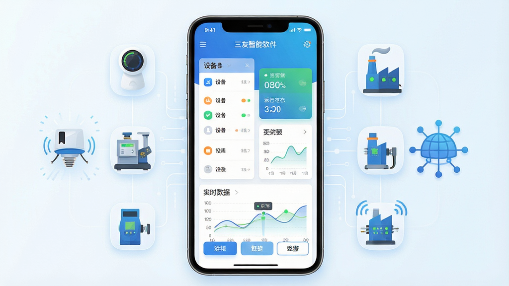 一张展示三友智能软件核心全貌的图片,主体为一部智能手机屏幕显示三友智能APP主界面,界面包含设备列表、运行状态卡片与实时数据图表;布局采用居中构图,手机两侧环绕智能传感器、工业设备与网络连接图标;排版整洁,信息层级分明;风格为现代科技感扁平化设计,色调以蓝白渐变为主;细节包括界面按钮、状态指示灯与数据曲线清晰可见;画质高清,干净,无多余元素。