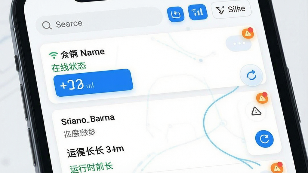 一张展示三友智能设备实时监控功能的图片,主体为手机屏幕显示多台设备状态卡片,每张卡片包含设备名称、在线状态、温度与运行时长;布局为纵向列表排列,顶部有搜索栏与筛选按钮;排版清晰,重点数据用蓝色高亮;风格为简约商务科技风;细节包括信号强度图标、刷新按钮与告警角标;画质高清,干净,无多余元素。