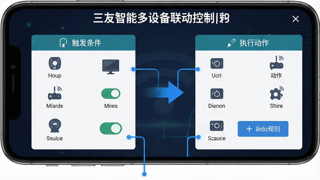 一张展示三友智能多设备联动控制功能的图片,主体为手机屏幕显示联动场景设置界面,包含触发条件与执行动作两个区块,中间用箭头连接;布局为左右分栏,左侧为条件图标,右侧为动作图标;排版逻辑清晰,用蓝色连接线串联;风格为信息图表风格;细节包括设备小图标、开关按钮与添加规则按钮;画质高清,干净,无多余元素。