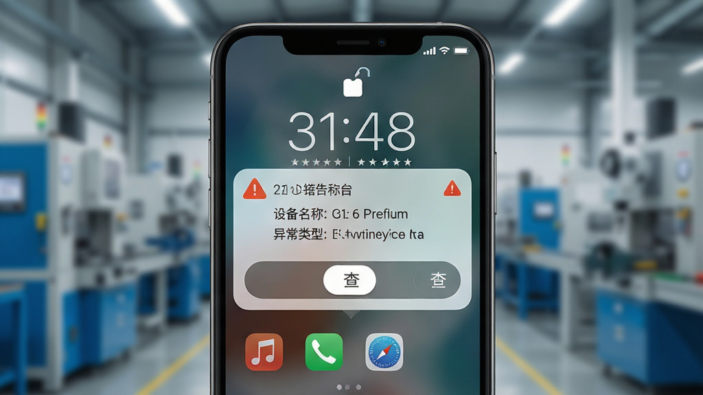 一张展示三友智能智能预警推送功能的图片,主体为手机锁屏界面弹出告警通知,通知内容包含设备名称与异常类型;布局为居中展示手机屏幕,背景为模糊的车间场景;排版突出通知卡片,用橙红色警示图标点缀;风格为写实科技风;细节包括时间戳、应用图标与滑动查看按钮;画质高清,干净,无多余元素。