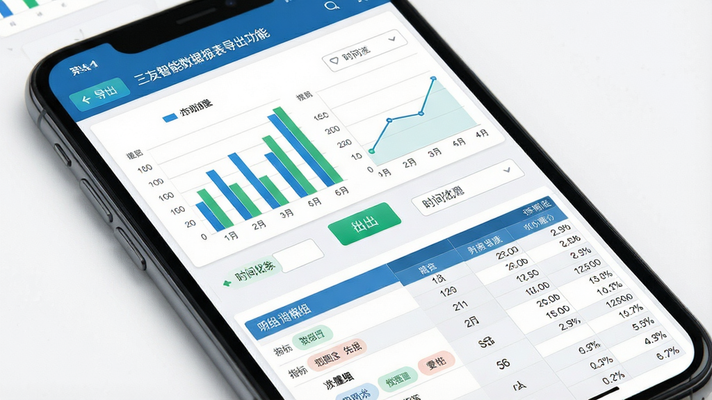 一张展示三友智能数据报表导出功能的图片,主体为手机屏幕显示数据报表页面,包含柱状图、折线图与数据表格;布局为上下结构,上方为图表区域,下方为明细列表;排版整齐,图表配色以蓝绿为主;风格为数据分析仪表盘风格;细节包括导出按钮、时间筛选器与指标标签;画质高清,干净,无多余元素。
