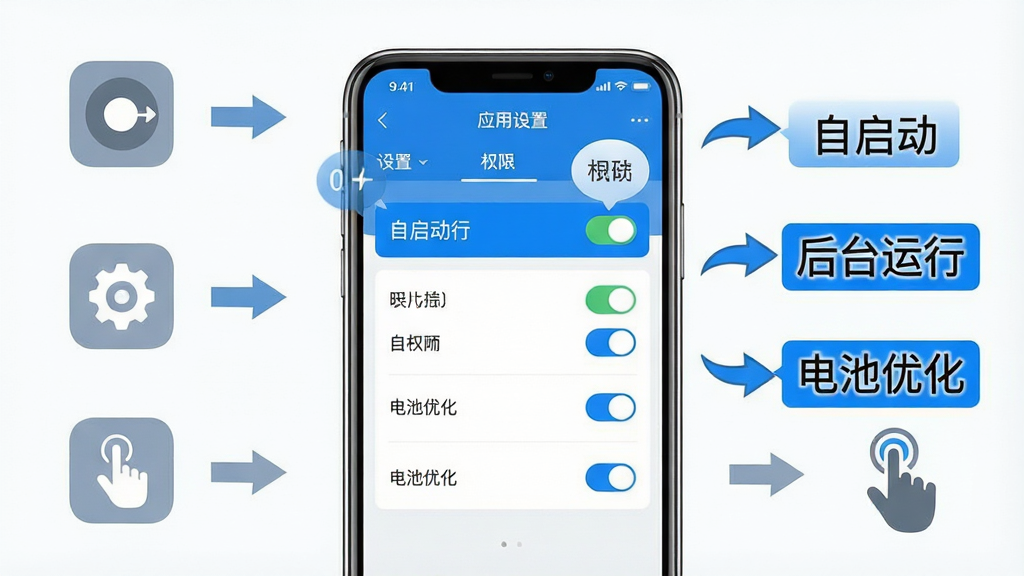 一张展示三友智能移动端使用攻略的图片,主体为手机屏幕显示应用设置页面与权限开关,旁边放置文字标注“自启动”“后台运行”“电池优化”等关键词;布局为手机居中,四周环绕设置图标与箭头;排版清晰,重点权限用蓝色高亮;风格为教程图解风格;细节包括开关按钮、提示气泡与手势图标;画质高清,干净,无多余元素。