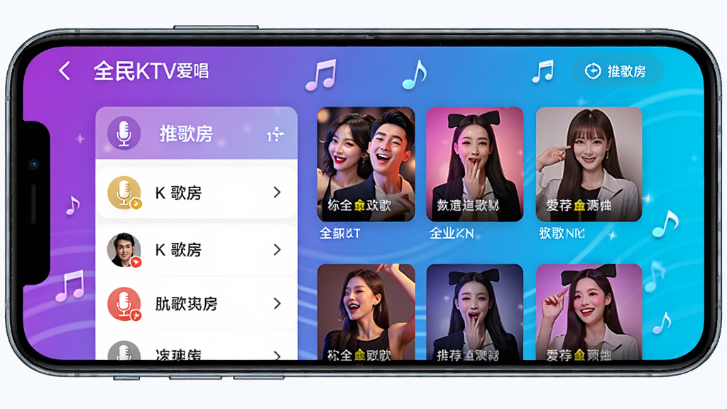 全民KTV爱唱软件主界面全貌,手机屏幕显示K歌房列表和推荐歌曲封面,色彩明亮活泼,布局清晰,风格现代科技感,细节包含麦克风图标和音符装饰,高清画质,干净无多余元素