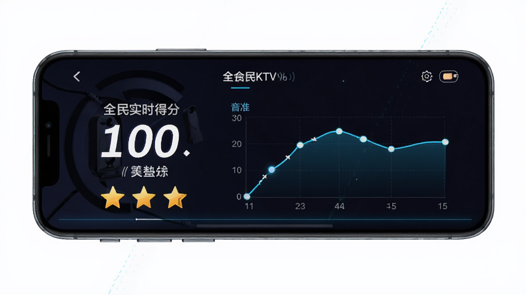 全民KTV爱唱实时评分界面,手机屏幕显示演唱得分和音准曲线图,布局动态感强,风格科技感十足,细节包含分数数字和星级图标,画质高清,干净无多余元素