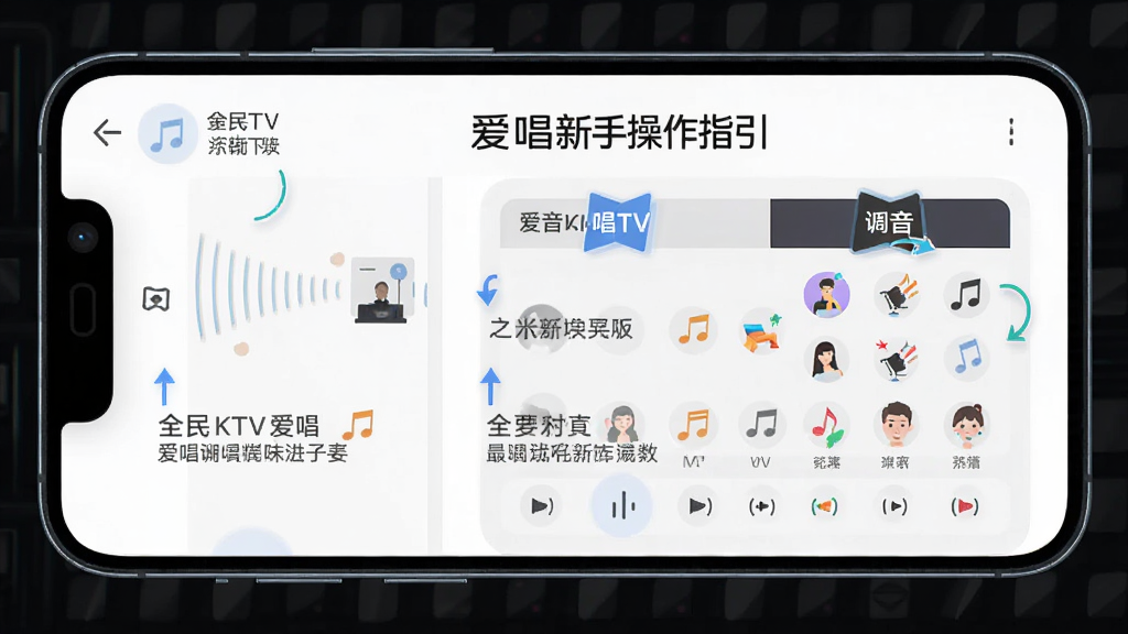 全民KTV爱唱新手操作指引图,手机屏幕展示演唱界面和调音面板,布局分步标注,风格扁平化教学,细节包含箭头指示和文字说明,画质高清,干净无多余元素