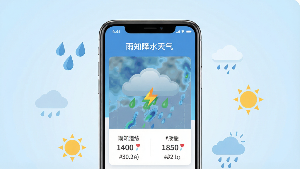 画面中央放置一部智能手机,手机屏幕显示“雨知降水天气”应用主界面,界面中有降雨云图和降水数值。手机周围环绕简约的天气图标元素,如雨滴、云朵、太阳。布局采用居中构图,背景为浅蓝色渐变。风格为扁平化科技插画,细节干净清晰,文字“雨知降水天气”显示在手机屏幕顶部。画质高清,干净,无多余元素。