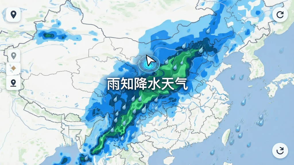 画面主体为一张动态降水地图,地图上覆盖蓝绿色降水色块,中心标注“雨知降水天气”字样。布局为全屏地图铺满画面,四周有简洁的定位图标和刷新按钮。风格为现代数据可视化界面,细节包括雨滴动画轨迹和定位光标。画质高清,干净,无多余元素。