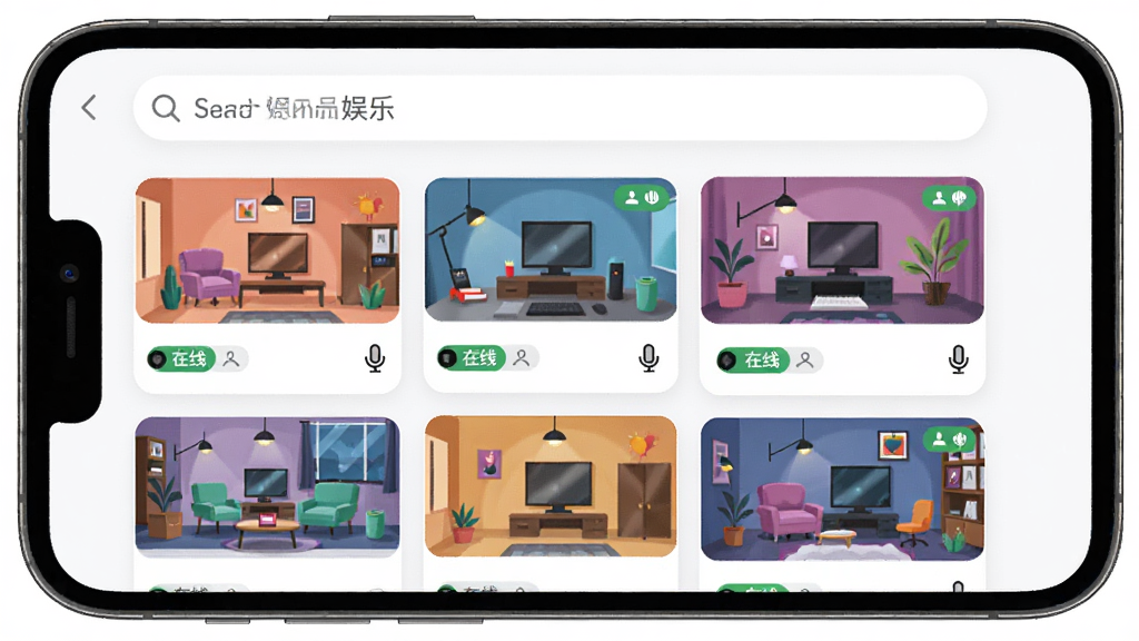 Lmi软件主界面展示,主体为手机屏幕中显示互动娱乐房间列表,布局采用上下结构上方搜索栏下方卡片式房间列表,排版简洁清晰,风格为现代扁平化设计,细节包含彩色房间封面、在线人数标签、麦克风图标,画质高清干净无多余元素
