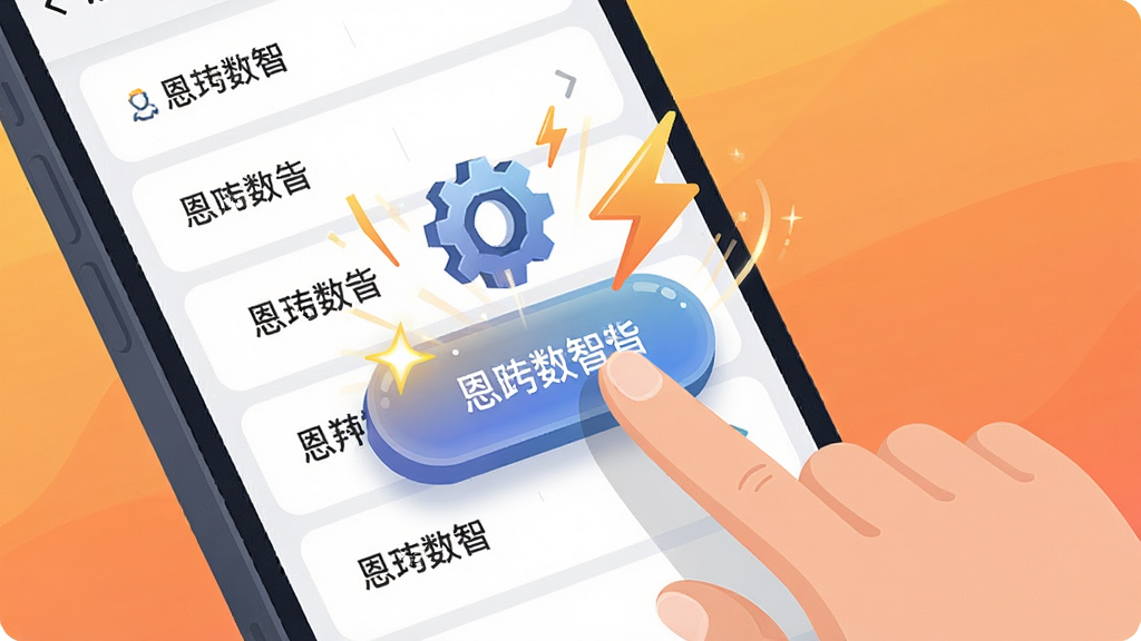 一张展示恩泽数智快捷指令功能的界面概念图,画面中一只手正在点击手机屏幕上的快捷按钮,按钮周围弹出齿轮和闪电图标,屏幕上显示恩泽数智的指令列表,背景为暖色调渐变,风格为动效扁平插画,细节包括按钮高光和指令名称文字,画质高清,干净,无多余元素