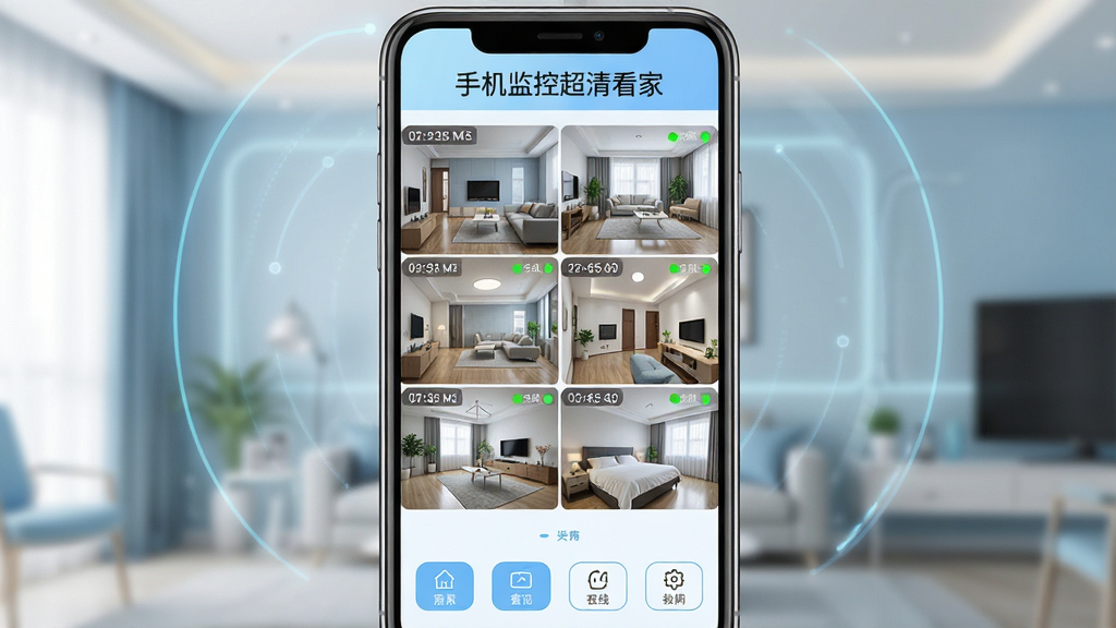 手机监控超清看家软件主界面展示,画面中央是一部智能手机屏幕,屏幕内呈现九宫格监控画面,每个格子显示不同房间的实时超清视频,画面明亮清晰,界面顶部有“手机监控超清看家”文字标题,底部排列功能按钮,整体布局简洁对称,采用现代科技风格,浅蓝与白色为主色调,细节包含时间戳、在线状态指示灯,画质高清,干净,无多余元素。