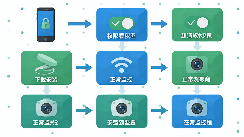 手机监控超清看家安装配置流程图,画面以流程图形式展示从下载安装到正常监控的完整步骤,包含手机图标、权限开关、WiFi信号、摄像头图标等元素,采用简洁扁平化风格,主色调为蓝色与绿色,布局从上到下依次排列,细节包含箭头连接与文字标注,画质高清,干净,无多余元素。