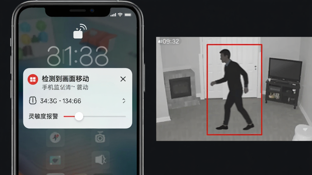 手机监控超清看家移动侦测报警功能示意图,画面左侧为手机锁屏界面弹出报警通知,通知内容显示“检测到画面移动”,右侧为监控画面抓拍截图,画面中有移动的人影轮廓被红色方框标注,整体布局左右对比,采用扁平化设计风格,深色背景突出通知内容,细节包含时间与灵敏度调节滑块,画质高清,干净,无多余元素。