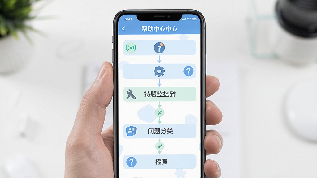 移动手机监控管家问题排查流程图,主体为手机屏幕显示帮助中心页面,布局为纵向步骤列表,排版按问题分类展示,风格为清新浅色风,细节包含信号图标、扳手工具图标、问号提示图标,画质清晰,画面干净无多余元素