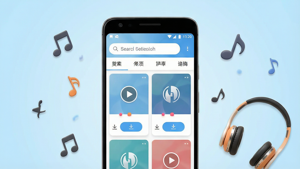 一张展示手机铃声下载应用界面的场景图,画面中央是一部竖屏安卓手机,屏幕内显示“铃声精选免费”APP首页,顶部有搜索框和分类标签,下方排列着多个铃声卡片,每个卡片带有播放按钮和下载按钮,手机周围散落着音符图标和耳机,背景为浅蓝色渐变,风格清新简约,细节清晰,画质高清,干净无多余元素