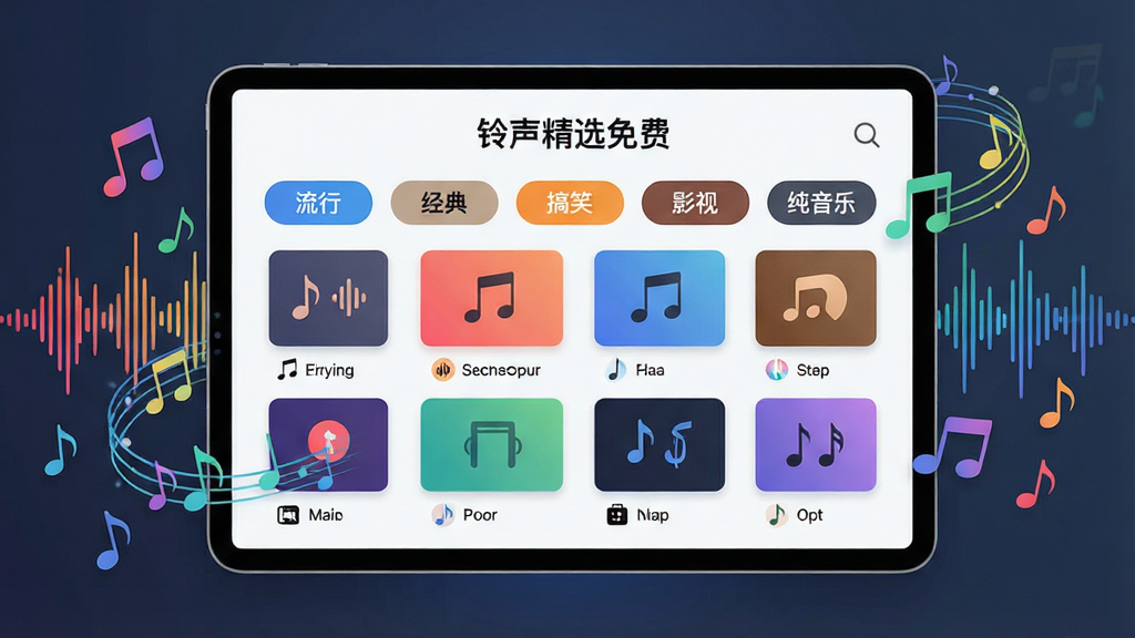 一幅展示音乐铃声分类库的AI生图,画面主体为一个大屏幕或平板设备,屏幕上显示“铃声精选免费”的曲库分类界面,包含流行、经典、搞笑、影视、纯音乐等标签,每个分类下方有若干铃声条目,屏幕周围环绕着彩色音符和声波纹理,布局整齐有序,风格现代科技感,细节丰富,画质高清,干净无多余元素