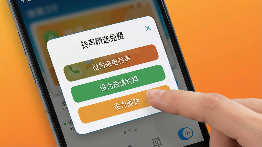 一幅展示手机设置铃声操作步骤的AI生图,画面中一部安卓手机屏幕上显示“铃声精选免费”的铃声设置弹窗,弹窗内有“设为来电铃声”“设为短信铃声”“设为闹钟”等选项按钮,手机旁边有一只手正在点击屏幕,背景为温暖的橙色渐变,风格简洁明快,细节清晰,画质高清,干净无多余元素
