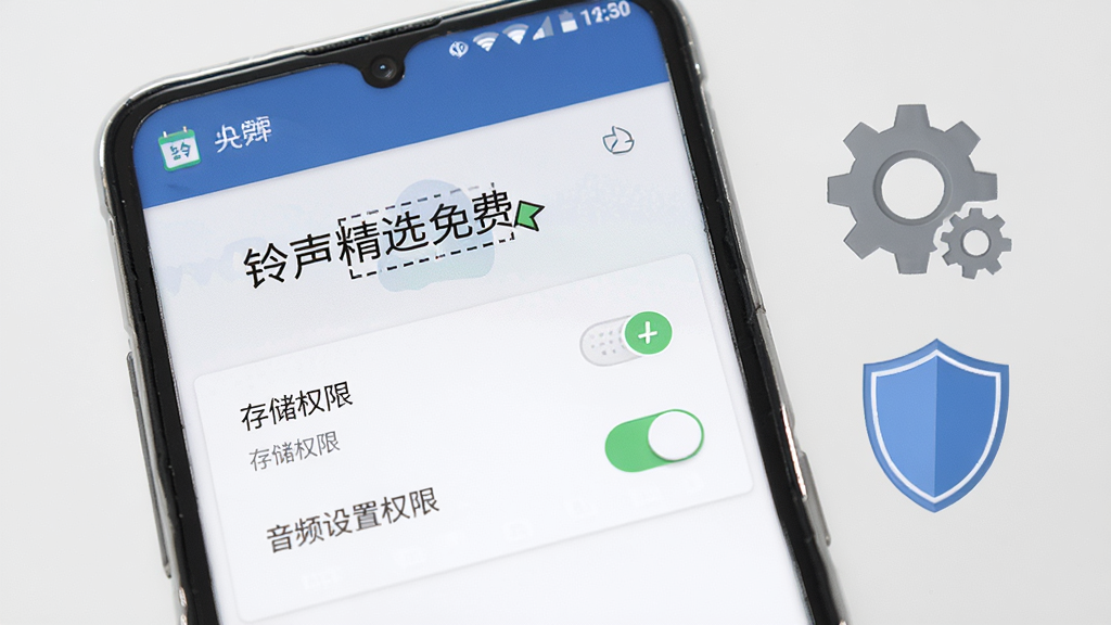 一部安卓手机屏幕上显示“铃声精选免费”APP的权限设置引导页面,页面中有存储权限和音频设置权限的开关按钮,手机旁边有齿轮和盾牌图标,背景为浅灰色,风格简洁实用,细节清晰,画质高清,干净无多余元素