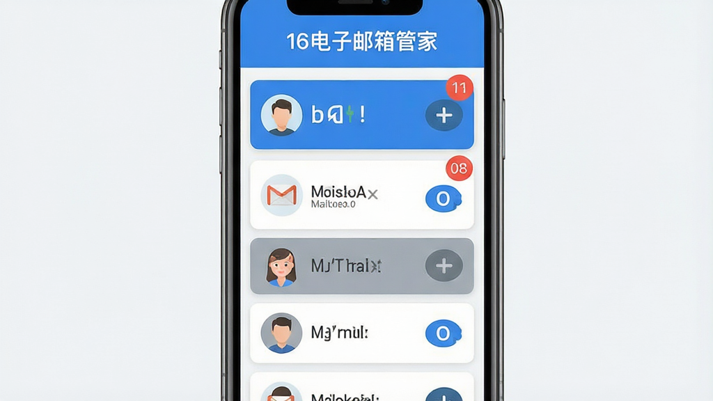 一张展示多个邮箱账号卡片整齐排列在手机屏幕上的图片,每张卡片标注不同邮箱类型图标,顶部有