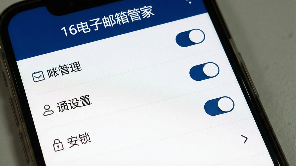 一张手机屏幕展示16电子邮箱管家设置页面的截图风格图片,画面中包含账号管理、通知设置、安全锁等选项列表,顶部有