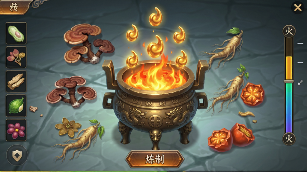 斗破苍穹手游炼药界面截图,主体为一座青铜丹炉置于画面中央,炉内火焰升腾,丹炉上方悬浮着数颗金色丹药雏形,周围散落各种药材如灵芝、人参、朱果等。布局为竖版手游操作界面,丹炉居中,左侧为药材栏,右侧为火候控制条,底部为炼制按钮。排版层次分明,火焰与药材细节丰富。风格为古风玄幻,细节刻画丹炉纹饰、火焰颜色变化、药材纹理。画质为高清级别,干净无多余元素,图片中不出现任何文字。