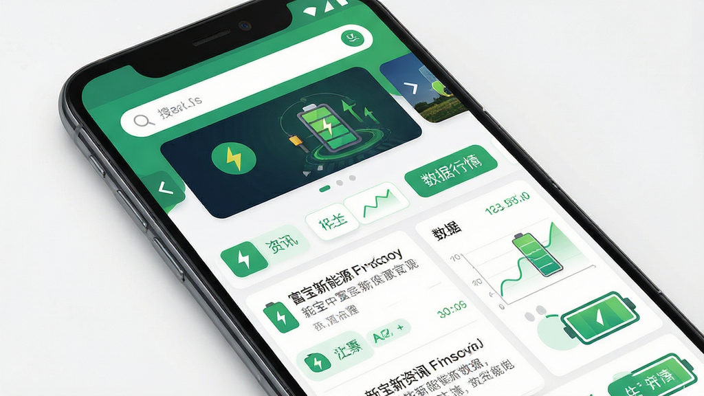 富宝新能源手机应用界面展示,主体为一部竖屏安卓手机,屏幕内呈现新能源资讯列表与行情数据卡片,布局采用上下结构,上方为搜索栏与轮播图,下方为信息流列表,排版整洁清晰,风格为现代科技感扁平化设计,细节包含绿色能源图标、电池图形、数据折线图、分类标签按钮,画质高清,干净,无多余元素